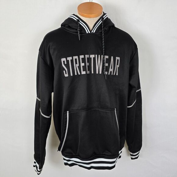 Encrypted Hoodie Men's Large Black White Stripes Streetwear Logo Drawstring - Picture 1 of 15